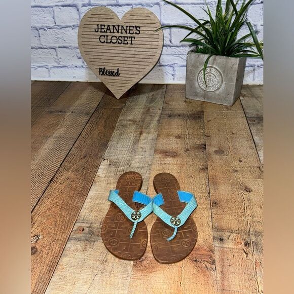 Tory Burch Blue Patent THORA Gold Logo Flip Flop Sandal US 7 M - Picture 2 of 14